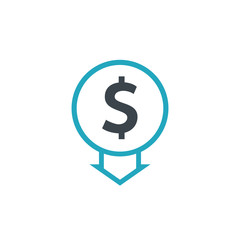 Cost reduction icon dollar. Price decrease arrow symbol. business sale sign illustration