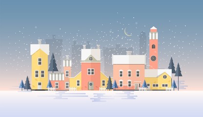 Obraz premium Horizontal winter cityscape with town in snowfall. Landscape with night city street, beautiful old buildings, towers and fir trees covered with snow. Colorful vector illustration in flat style.