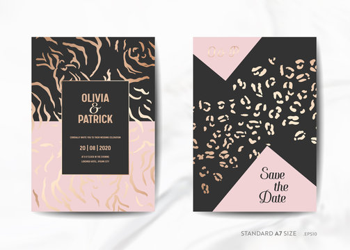 Wedding Invitation Cards, Save the Date with trendy Animal Skin golden texture background illustration in vector