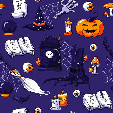Halloween image set on violet background. Seamless halloween doodle pattern. Vector hand drawn objects: zombie hand,  bat, potion, scroll, crystal ball, magic book, broom, tombstone, scary tree.