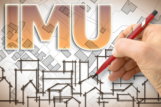 IMU (which means Unique Municipal Tax) the most unpopular italian tax on land and buildings - concept image against a cadastral map of territory with buildings, roads and land parcel