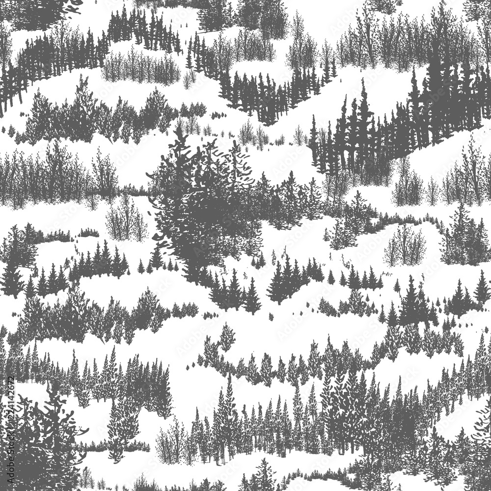Poster seamless pattern with hills overgrown by evergreen coniferous forest or woodland. backdrop with coni