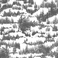 Seamless pattern with hills overgrown by evergreen coniferous forest or woodland. Backdrop with conifers grown in wild nature. Hand drawn monochrome vector illustration for wrapping paper, wallpaper.