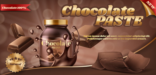 Vector promotion banner of chocolate paste or nut butter in plastic jar, isolated on brown background. Advertising banner with container of choco spread, sweet fast food for eating with bread