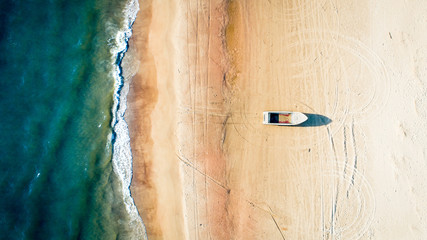Boat on the Beach, Aerial Vertical Top Down View