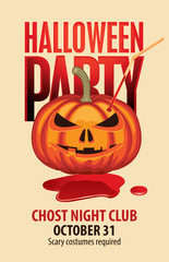 Vector banner for Halloween party with pumpkins head with straw for drinks in a puddle of blood. Scary flyer or invitation template for Halloween