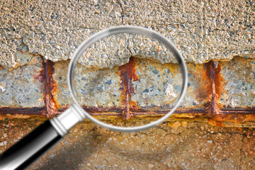 Old reinforced concrete structure with damaged and rusty metallic reinforcement that must be demolished - Concept image seen through a magnifying glass