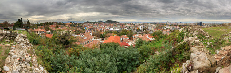 Fototapeta na wymiar Beautiful panorama from the hill Nebet Tepe in the medieval part of Plovdiv, Bulgaria, called Old Town, with the skyline cityscape in the background