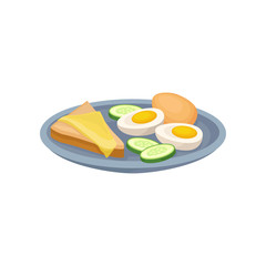 Boiled egg, sandwich with cheese and cucmber on a plate, fresh nutritious breakfast food, design element for menu, cafe, restaurant vector Illustration on a white background