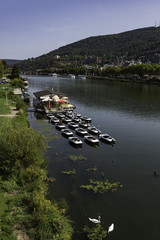 View of the river neckar in the city of Heidelberg with a little boat port, with the old city and...