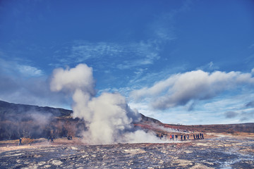 Geyser explosion in the  Geysir park, Iceland 