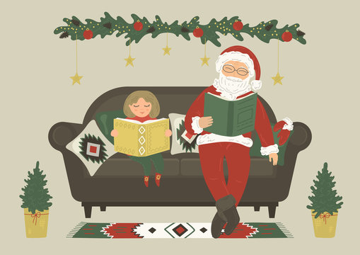 Santa Claus reads books  with little girl on sofa at home. Christmas banner for libraries, bookstores, education. Reading concept. Original vector illustration.