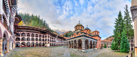 Beautiful panoramic panorama of the Orthodox Rila Monastery, a famous tourist attraction and...