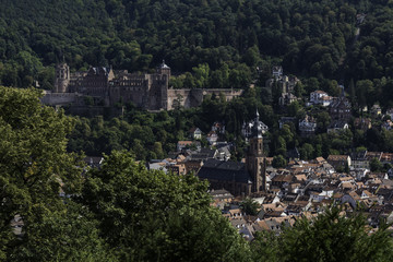 Fototapeta na wymiar Aerial view of the city of Heidelberg and the neckar river in summer shot from a nearby hill