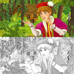 cartoon scene with young prince traveling and encountering hidden wooden house in the forest - with artistic coloring page - illustration for children