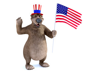 3D rendering of a cartoon bear celebrating 4th of July or Independence Day.