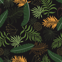 Tropical background with palm leaves and fruits. Seamless floral pattern. Summer vector illustration. Flat jungle print
