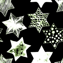 Seamless Watercolor Stars Pattern. Magic Festive Background. Hand Drawn Doodle Stars. Baby Design. Abstract Rapport for Wallpaper, Textile, Linen, Wrapping, Posters, Cards, Banner. New Year, Birthday 
