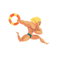 Male lifeguard running with lifebuoy, muscular professional rescuer charater on duty vector Illustration on a white background