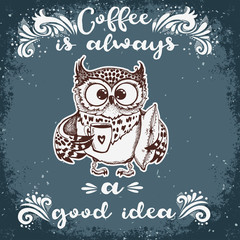 Hand drawn owl with cup of coffee.