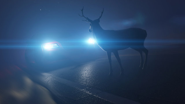 3d rendered illustration of a deer infront of a car