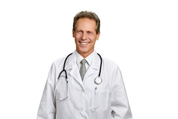 Fototapeta premium Happy cheerful doctor isolated on white. Portrait of happy medical worker with stethoscope.