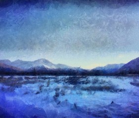 Oil painting. Art print for wall decor. Acrylic artwork. Big size poster. Watercolor drawing. Modern style fine art. Beautiful winter mountain landscape. Dark sunset.