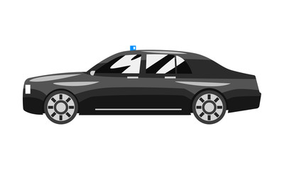 Black classic executive sedan with blue flasher siren, business luxury vehicle side view vector Illustration on a white background
