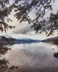 Oil painting. Art print for wall decor. Acrylic artwork. Big size poster. Watercolor drawing. Modern style fine art. Beautiful mountain autumn landscape. Wild lake.