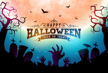 Happy Halloween banner illustration with moon, flying bats, coffin and zombie hand on blue night sky background. Vector Holiday design template with typography lettering and cemetery for greeting card