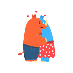 Couple of rhinoceroses in love embracing each other, two happy aniimals hugging vector Illustration on a white background