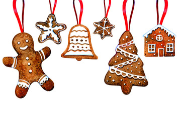 Set of gingerbread cookie figures hanging on red ribbons. Man, christmas tree, bell, stars, house. Hand drawn watercolor illustration
