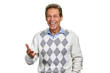 Naklejka premium Portrait of surprised man on white background. Middle-aged cheerful man looking shocked, isolated on white background.