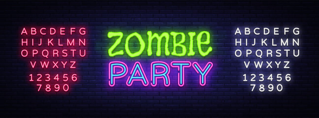 Zombie Party Text Vector. Halloween neon sign, design template, modern trend design, night neon signboard, night bright advertising, light banner, light art. Vector. Editing text neon sign