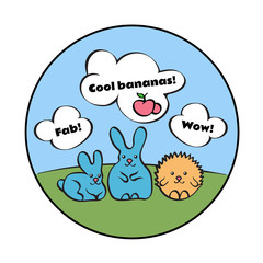 Cute rabbits and hedgehog on the lawn with lettering follow your dreams