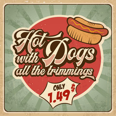 Retro advertising restaurant sign for hot dogs. Vintage poster.
