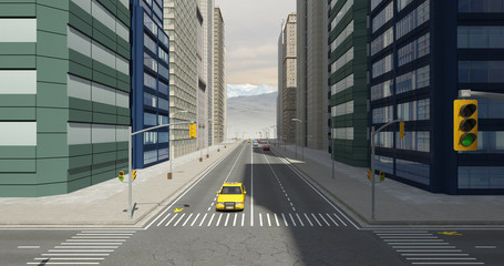 Obraz premium Aerial 3D City Flight Render Over The Road With Skyscrapers
