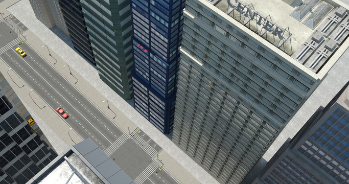 Aerial 3D City Render With Skyscrapers