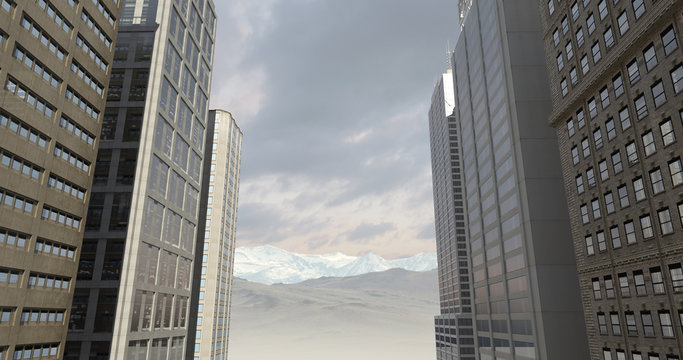Aerial 3D City Render With Skyscrapers