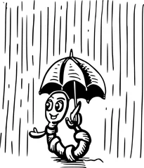 Fotobehang Regenworm met paraplu, illustratie cartoon karakter - pentekening met zwarte inkt.  © emieldelange