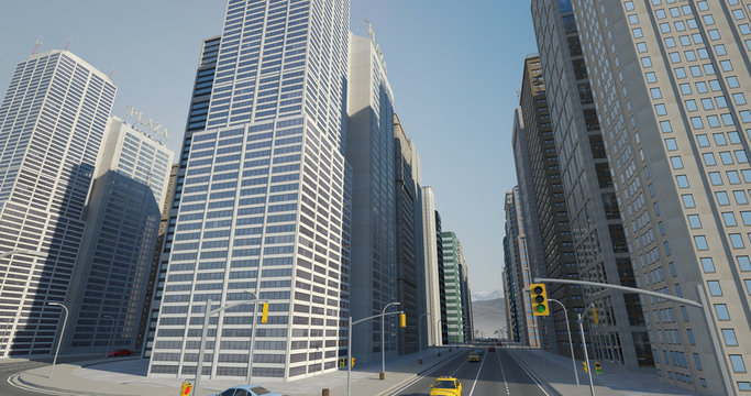 Metropolitan Aerial City Flight Render With Skyscrapers