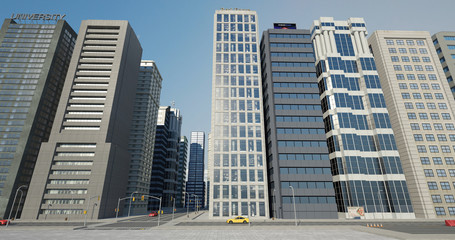 Fototapeta premium Metropolitan Aerial City Flight Render With Skyscrapers