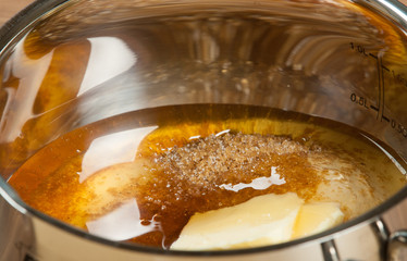 Honey, Sugar, Butter In Pan. Panforte Preparation, Cooking Process.