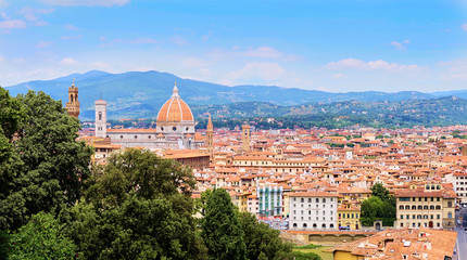 Aerial view of Florence with the Basilica Santa Maria del Fiore (Duomo) seen from the 
