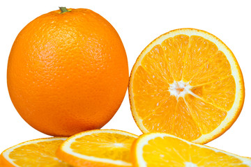 Close up view of fresh orange and slice of orange on white background (with Clipping path)