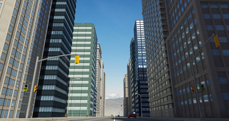 Fototapeta premium Aerial 3D City Flight Render Over The Road With Skyscrapers