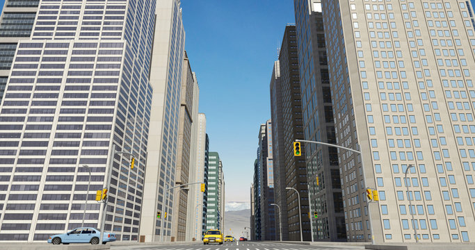 Aerial 3D City Flight Render Over The Road With Skyscrapers