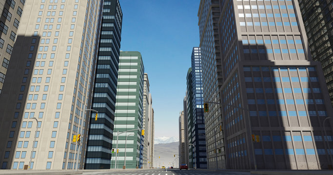 Aerial 3D City Flight Render Over The Road With Skyscrapers