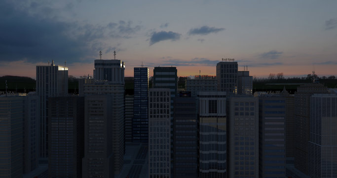 Aerial 3D City Render Over Skyscrapers At Night Time - CG