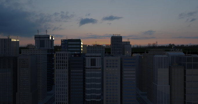 Aerial 3D City Render Over Skyscrapers At Night Time - CG